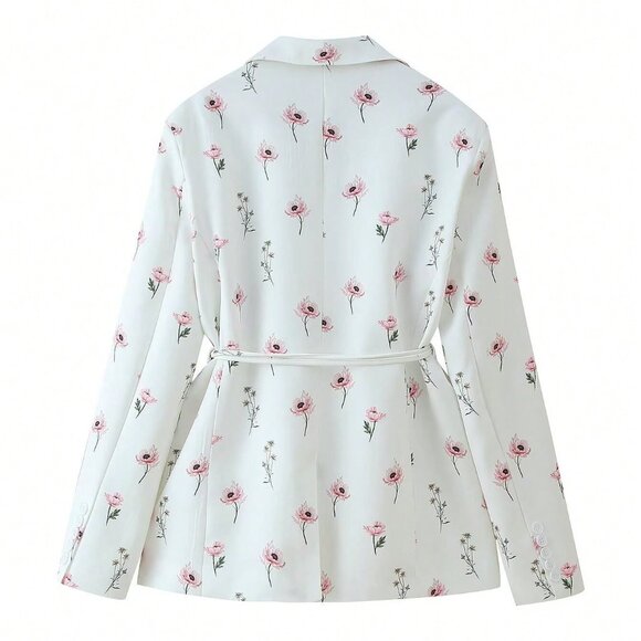White Elegant Women's Flower Printed V Neck Lace Up Blazer Long Sleeve - Picture 5 of 7